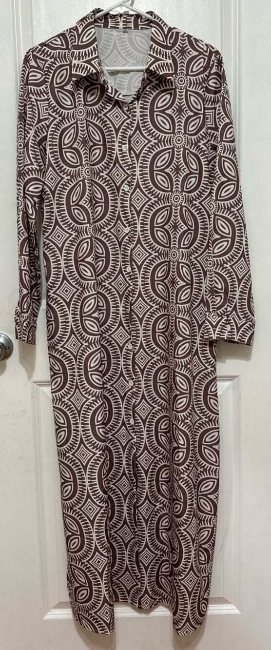 Geometric Pattern Long Sleeve Button-Down Midi Dress